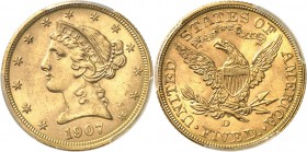USA
5 dollars Liberté 1907, Denver.
Av. Tête de Liberté à gauche. Rv. Aigle aux ailes déployées. Fr. 147. 
PCGS MS 65.