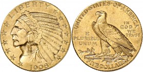 USA
5 dollars Indien 1908, Denver.
Av. Tête d’indien à gauche. Rv. Aigle à gauche. Fr. 151. 
PCGS MS 61.