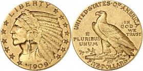 USA
5 dollars Indien 1909, San Francisco.
Av. Tête d’indien à gauche. Rv. Aigle à gauche. Fr. 150. 
PCGS XF 45.