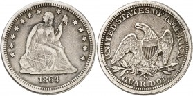 USA
1/4 dollar 1864, San Francisco.
Av. La Liberté assise. Rv. Aigle. 
PCGS XF 40. Très rare, TB à TTB