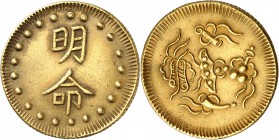 VIÊT-NAM
Annam, Ming Mang (1820-1841). 1 1/2 Tien or.
Av. Caractère chinois sur deux lignes. Rv. Cinq symboles Km. 215. 5,65 grs. 
TTB à Superbe