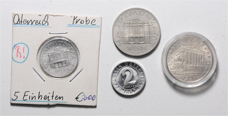 Lot
1. + 2. Republik. 4 Stück, 1 Schilling 1932, 2 Groschen 1967, Probe 5 Einhei...