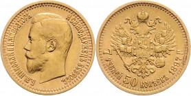 Nikolaus II. 1894 - 1917
Russland. 7 1/2 Rubel, 1897. St. Petersburg
6,45g
Bitkin 17, Friedb. 178.
ss/vz