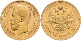 Nikolaus II. 1894 - 1917
Russland. 7 1/2 Rubel, 1897. St. Petersburg
6,44g
Bitkin 17, Friedb. 178.
ss