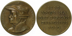 Huldrich Zwingli 1519 - 1919
Schweiz, Reformation. Bronzemedaille, 1919. auf die 400 Jahr Feier, von Hans Frei, Dm 40mm.
28,34g
f.stgl
