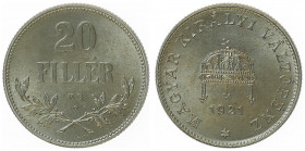 20 Filler, 1921 KB
Ungarn. offizielle Restrike / Neuprägung mit Rosette, Auflage 300 Stück. Kremnitz
3,32g
vergl. KM 498
stgl