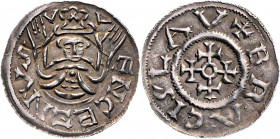 Bretislav I. 1037 - 1055
Böhmen. Denar, o. Jahr. Prag
1,00g
Cach. 310
f.vz