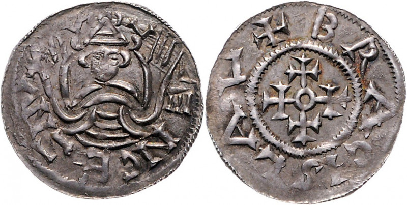 Bretislav I. 1037 - 1055
Böhmen. Denar, o. Jahr. Prag
1,19g
Cach. 310 var.
Präge...