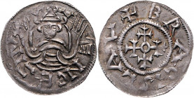 Bretislav I. 1037 - 1055
Böhmen. Denar, o. Jahr. Prag
1,19g
Cach. 310 var.
Prägeschwäche.
vz