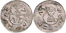 Svatopluk 1095 - 1107
Böhmen. Denar, o. Jahr. Olmütz
0,65g
Cach. 425
Prägeschwäche.
vz