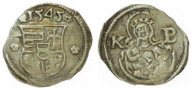 Ferdinand I. 1521 - 1564
Obol, 1545 KB. Kremnitz
0,18g
Huszar 964
f.vz