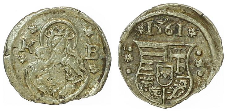 Ferdinand I. 1521 - 1564
Obol, 1561 KB. Kremnitz
0,28g
Huszar 964
ss/vz