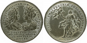 Leopold I. 1657 - 1705
Zinnmedaille, 1699. auf die Vermählung Joseph I. mit Wilhelma Amalia von Braunschweig mit Schreibfehler "WILHELMIA" , Ø 46 mm, ...