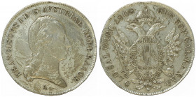 Franz II. 1792 - 1806
1/2 Taler, 1808 A. Wien
13,96g
Fr. 206
Henkelspur
ss