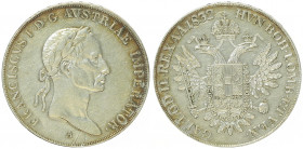 Franz II. 1792 - 1806
1/2 Taler, 1832 A. Wien
14,00g
Fr. 265
Kratzer im Avers
ss/vz