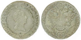 Franz II. 1792 - 1806
5 Kreuzer, 1823 A. Wien
2,23g
Fr. 448
min. Justiert
f.vz/vz