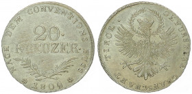 Franz II. 1792 - 1806
20 Kreuzer, 1809. erhaben
Hall
6,68g
Fr. 554a
vz/stgl