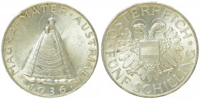 5 Schilling, 1936
1. Republik 1918 - 1933 - 1938. Wien. 15,00g
Her. 31
vz/stgl