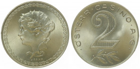 2 Schilling, o. Jahr
2. Republik 1945 - heute. PROBE ! , in Nickel für die Casinos Wien, Ø 31 mm, von Prinz. Wien
7,65g
ANK --.
stgl