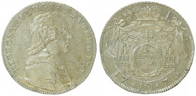 Hieronymus Graf Colloredo 1772 - 1803
Erzbistum Salzburg. 10 Kreuzer, 1776. Salzburg
3,90g
HZ 3305
min. Sf.
vz