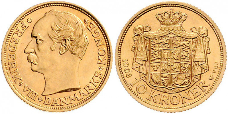 Friedrich VIII. 1906 - 1912
Dänemark. 10 Kronen, 1908. Kopenhagen
4,49g
Friedber...