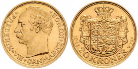 Friedrich VIII. 1906 - 1912
Dänemark. 20 Kronen, 1911. Kopenhagen
9,00g
Friedberg 297
vz/stgl