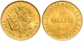 Alexander III. 1881 - 1894
Finnland. 10 Markkaa, 1881. Helsinki
3,23g
Bitkin 229, Fb. 5 (dort unter Finnland), Schl. 8 (dort unter Finnland)
vz/stgl