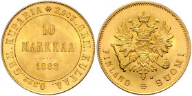 Alexander III. 1881 - 1894
Finnland. 10 Markaa, 1882. Helsinki
3,23g
Bitkin 229, Fb. 5 (dort unter Finnland), Schl. 8 (dort unter Finnland)
vz/stgl