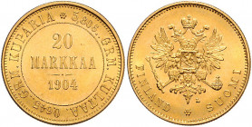 Nikolaus II.1894 - 1917
Finnland. 20 Markkaa, 1904. Helsinki
6,47g
Friedberg 3
vz/stgl
