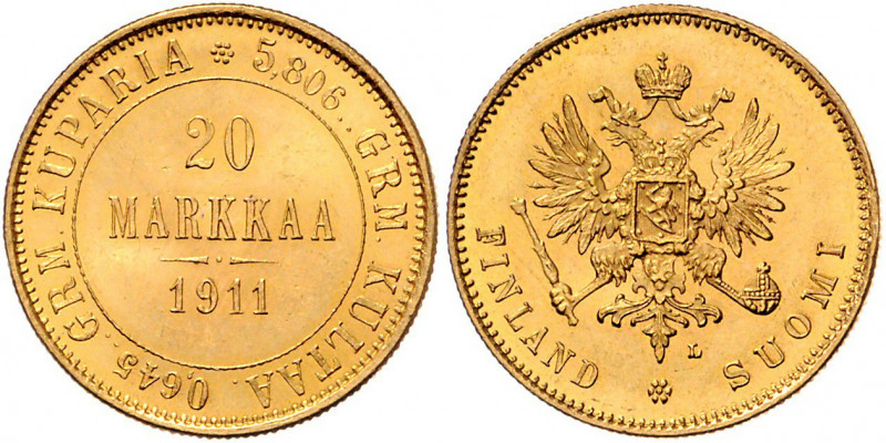 Nikolaus II.1894 - 1917
Finnland. 20 Markkaa, 1911. Helsinki
6,46g
Friedberg 3
v...