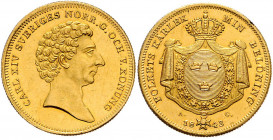 Karl XIV. Johan 1818 - 1844
Schweden. 4 Dukaten, 1843. Stockholm
Ahlström 5, Fb. 85, Schl. 46
Büste r.//Gekröntes Wappen: Drei Kronen (Tre kronor), um...