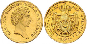 Karl XIV. Johann 1818 - 1844
Schweden. Dukat, 1837. Halbbüste nach rechts // Ovaler schwedischer Wappenschild, umgeben von der Ordenskette vom Seraphi...