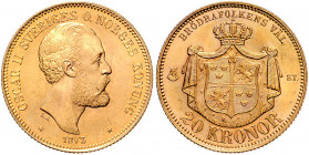 Oskar II. 1872 - 1907
Schweden. 20 Kronen, 1873. Stockholm
8,95g
Friedberg 93, Schl. 104
stgl