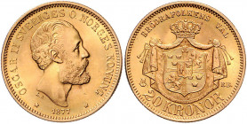Oskar II. 1872 - 1907
Schweden. 20 Kronen, 1877. Stockholm
8,94g
Friedberg 93
stgl