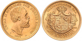 Oskar II. 1872 - 1907
Schweden. 20 Kronen, 1881. Stockholm
8,97g
Friedberg 93a
stgl