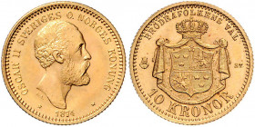 Oskar II. 1872 - 1907
Schweden. 10 Kronen, 1874. Stockholm
4,49g
Friedberg 94
stgl