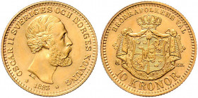 Oskar II. 1872 - 1907
Schweden. 10 Kronen, 1883. Stockholm
4,50g
Friedberg 94a
stgl