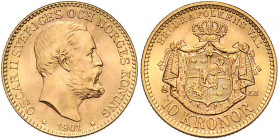 Oskar II. 1872 - 1907
Schweden. 10 Kronen, 1901. Stockholm
4,50g
Friedberg 94b
stgl