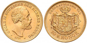 Oskar II. 1872 - 1907
Schweden. 10 Kronen, 1874 (73). Stockholm
4,51g
Friedberg 94
stgl