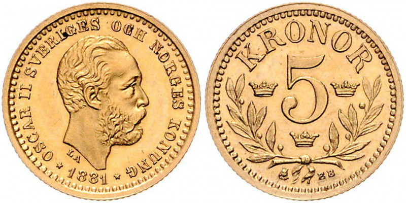 Oskar II. 1872 - 1907
Schweden. 5 Kronen, 1881. Stockholm
2,25g
Friedberg 95
stg...