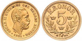 Oskar II. 1872 - 1907
Schweden. 5 Kronen, 1881. Stockholm
2,25g
Friedberg 95
stgl
