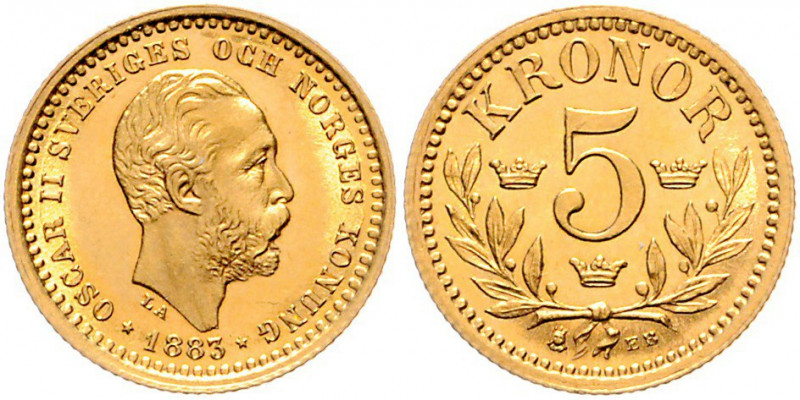 Oskar II. 1872 - 1907
Schweden. 5 Kronen, 1883. Stockholm
2,24g
Friedberg 95
stg...