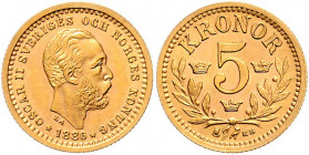 Oskar II. 1872 - 1907
Schweden. 5 Kronen, 1886. Stockholm
2,24g
Friedberg 95
stgl