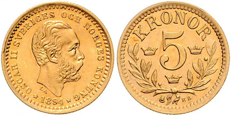 Oskar II. 1872 - 1907
Schweden. 5 Kronen, 1894. Stockholm
2,24g
Friedberg 95
stg...