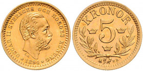 Oskar II. 1872 - 1907
Schweden. 5 Kronen, 1894. Stockholm
2,24g
Friedberg 95
stgl
