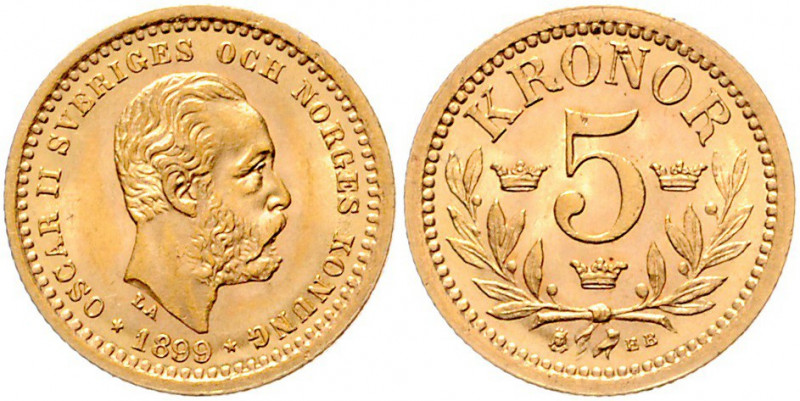 Oskar II. 1872 - 1907
Schweden. 5 Kronen, 1899. Stockholm
2,24g
Friedberg 95
stg...