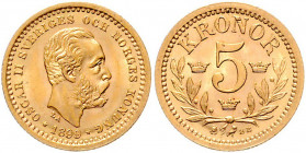 Oskar II. 1872 - 1907
Schweden. 5 Kronen, 1899. Stockholm
2,24g
Friedberg 95
stgl