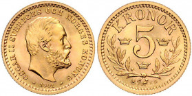 Oskar II. 1872 - 1907
Schweden. 5 Kronen, 1901. Stockholm
2,23g
Friedberg 95a
stgl