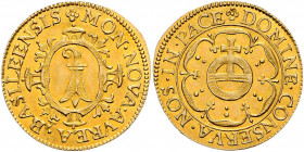 Goldgulden, o.J. (1648)
Schweiz, Basel. (Fünfblättrige Rosette) MON · NOVA · AVREA · BASILEENSIS. Ovaler Bas­ler Schild in Wappenkartusche, darüber kl...