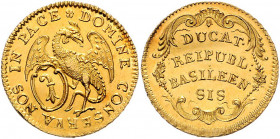 Dukat, o.J. (1775)
Schweiz, Basel. Basilisk mit Wappen // DUCAT. /REIPUBL: / BASILEEN / SIS in Kartusche. 3,35g
D./T. 723, Fb. 45 bzw. 48 a
stgl